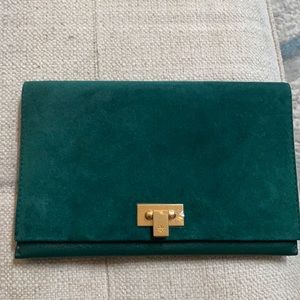 Tory Burch green suede/leather clutch